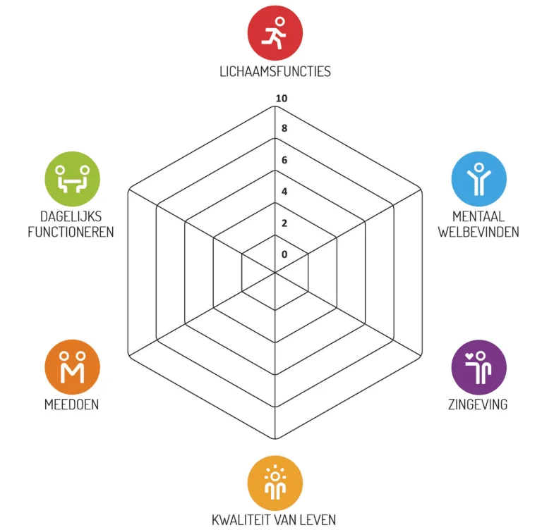 Het spinnenweb van Positieve Gezondheid met zes dimensies: lichaamsfuncties, mentaal welbevinden, zingeving, kwaliteit van leven, meedoen en dagelijks functioneren
